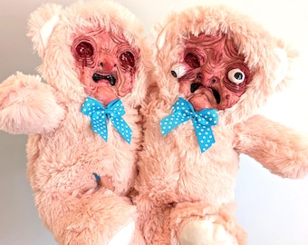 Creepy Pink Bear Art Sculpture: Horror Crazed Old Man Plush