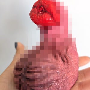 May include: A sculptural object featuring a realistic, textured, pinkish-red base with a prominent, glossy, bright red pair of lips positioned at the top. The surface of the base displays detailed, skin-like texture and folds, contrasting with the smooth, vibrant red finish of the lips.
