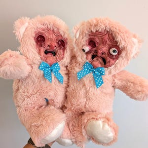 Horror Crazed old man sculpture pink bear, old man bear weird plush toy sculpture, creepy bear, weird gift, weirdcore gift, nightmare fuel