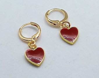 Women's Red Heart Enamel Hoop Earrings Gold Trendy Dainty Flat Love Heart Link Boho Cute Enamel Girls Jewellery