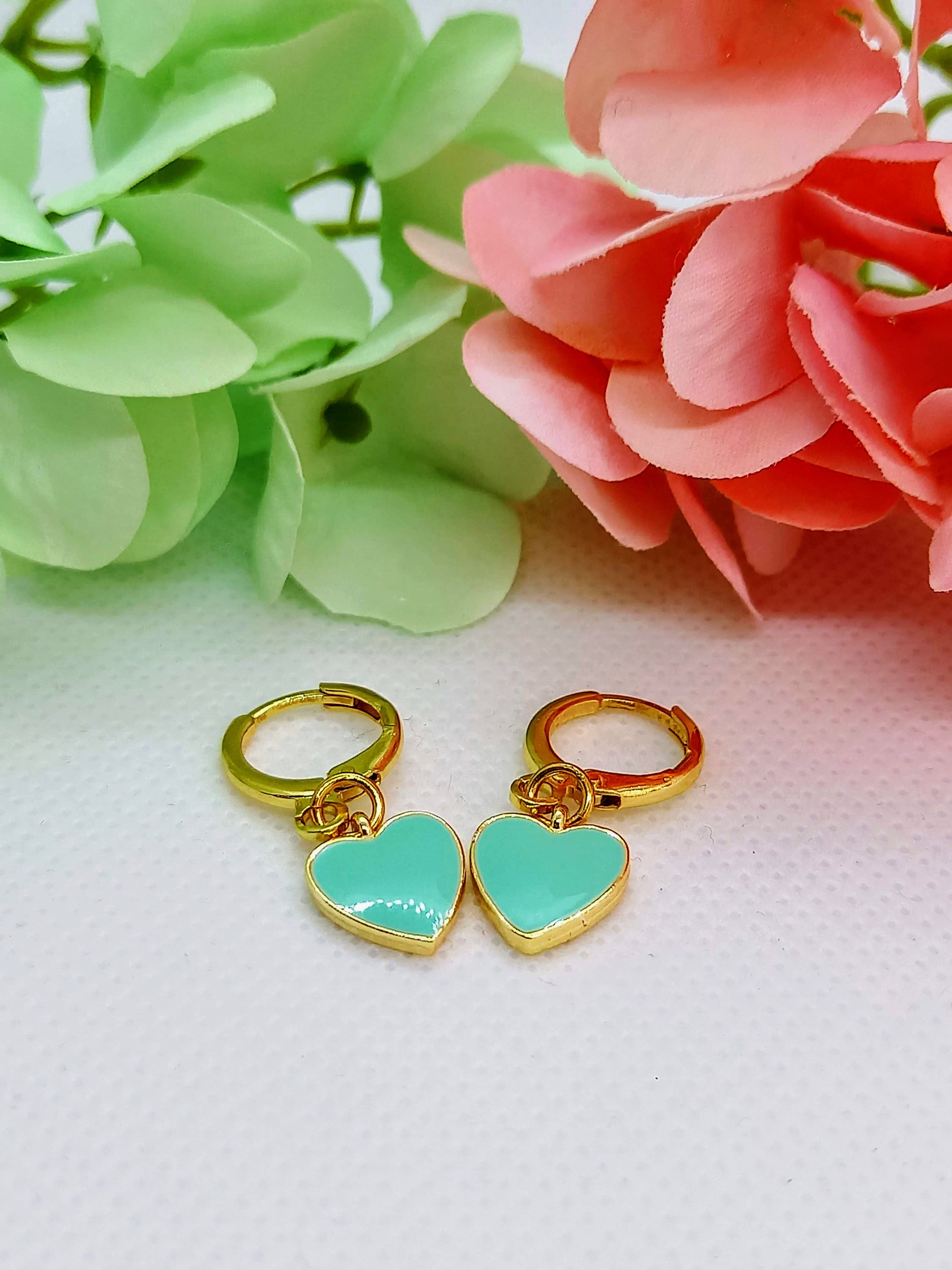 Gold Huggie Earrings Green Heart 