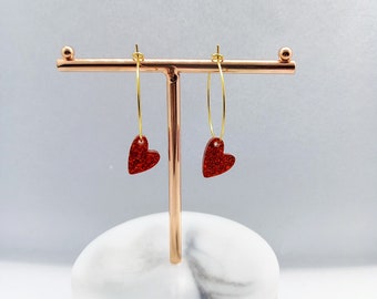 Red Heart Earrings, Heart Jewelry, Gold hoop earrings