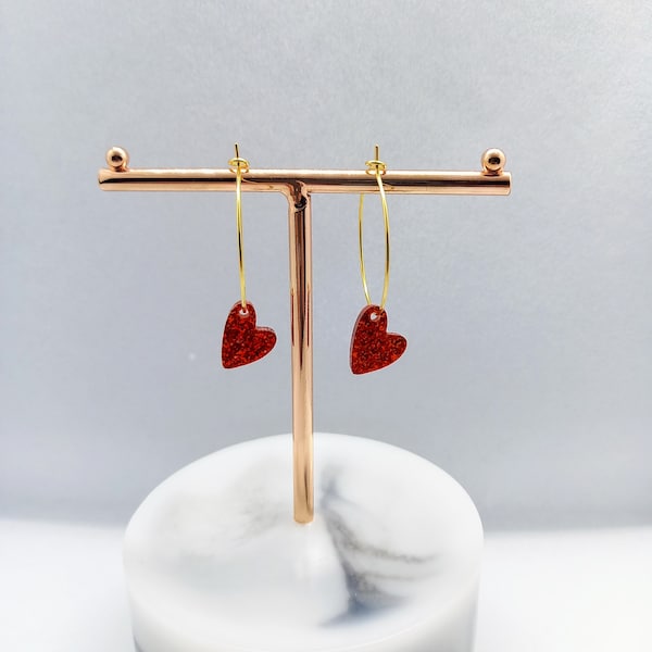 Red Heart Earrings, Heart Jewelry, Gold hoop earrings