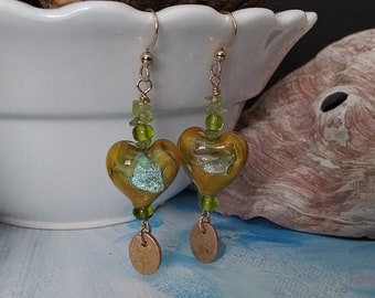 Bronze and art glass heart bead and peridot bead earrings on gold filled ear wires