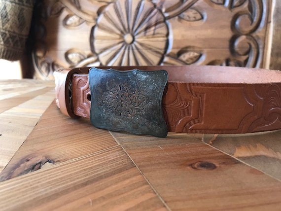 Vintage Embossed Leather Belt with Copper Tone Bu… - image 1