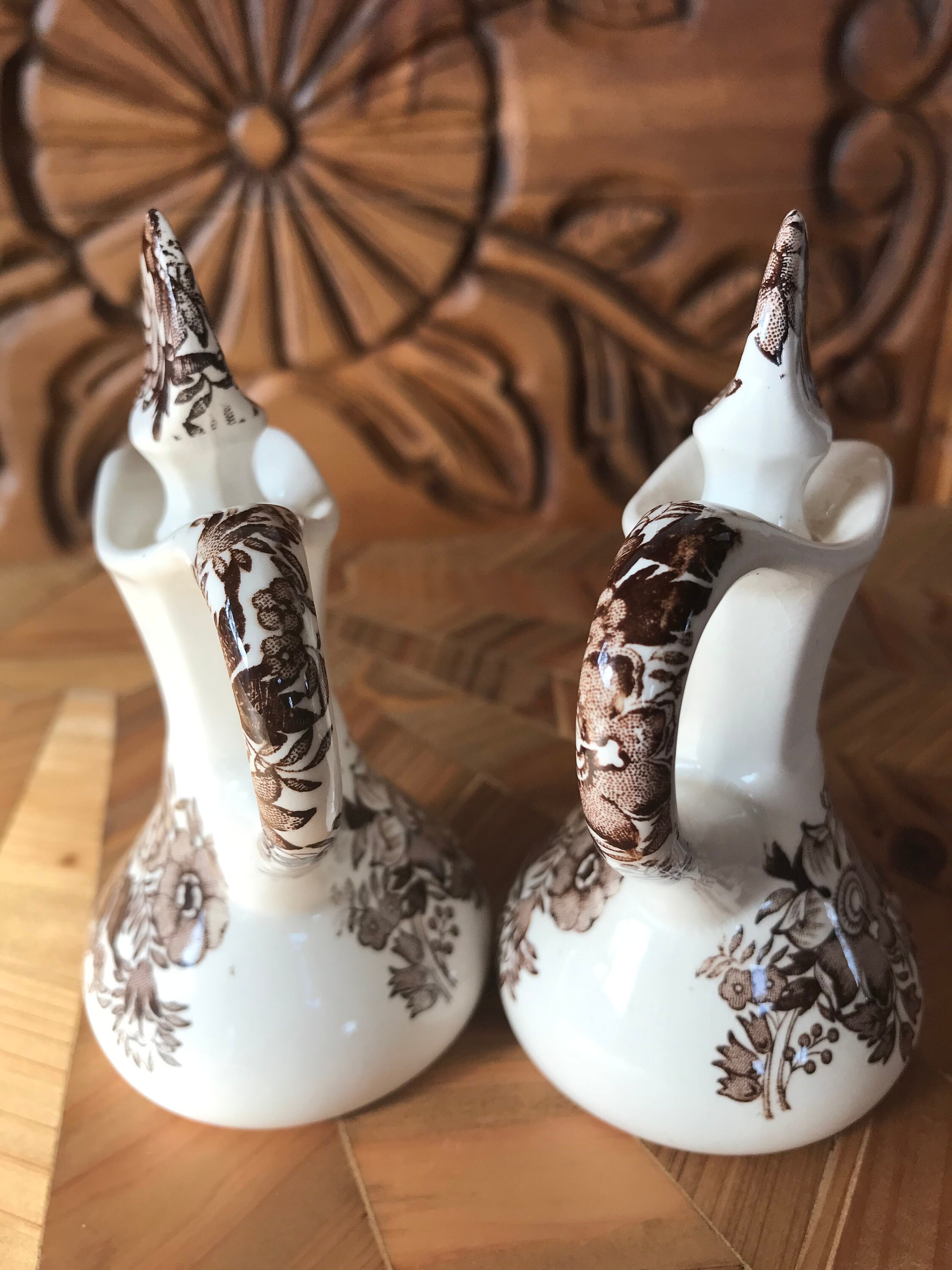 Brown Floral Transferware Cruets, English Transferware, Brown and White