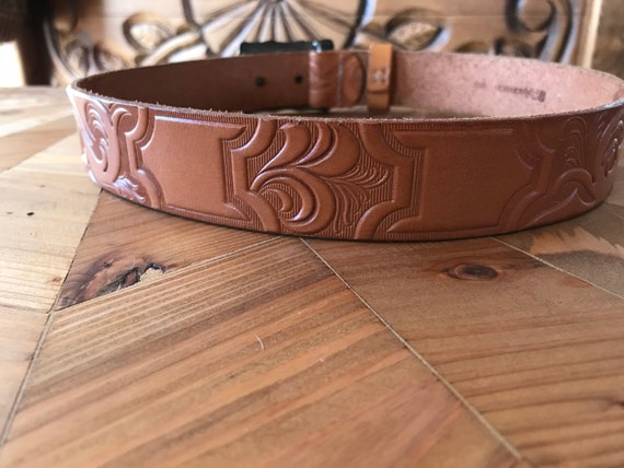 Vintage Embossed Leather Belt with Copper Tone Bu… - image 2