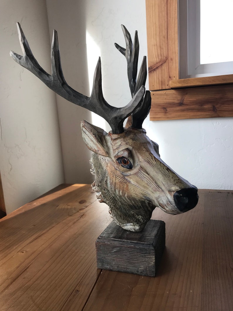 Vintage Hand Carved Wood Elk Head Animal Carving Wood Etsy