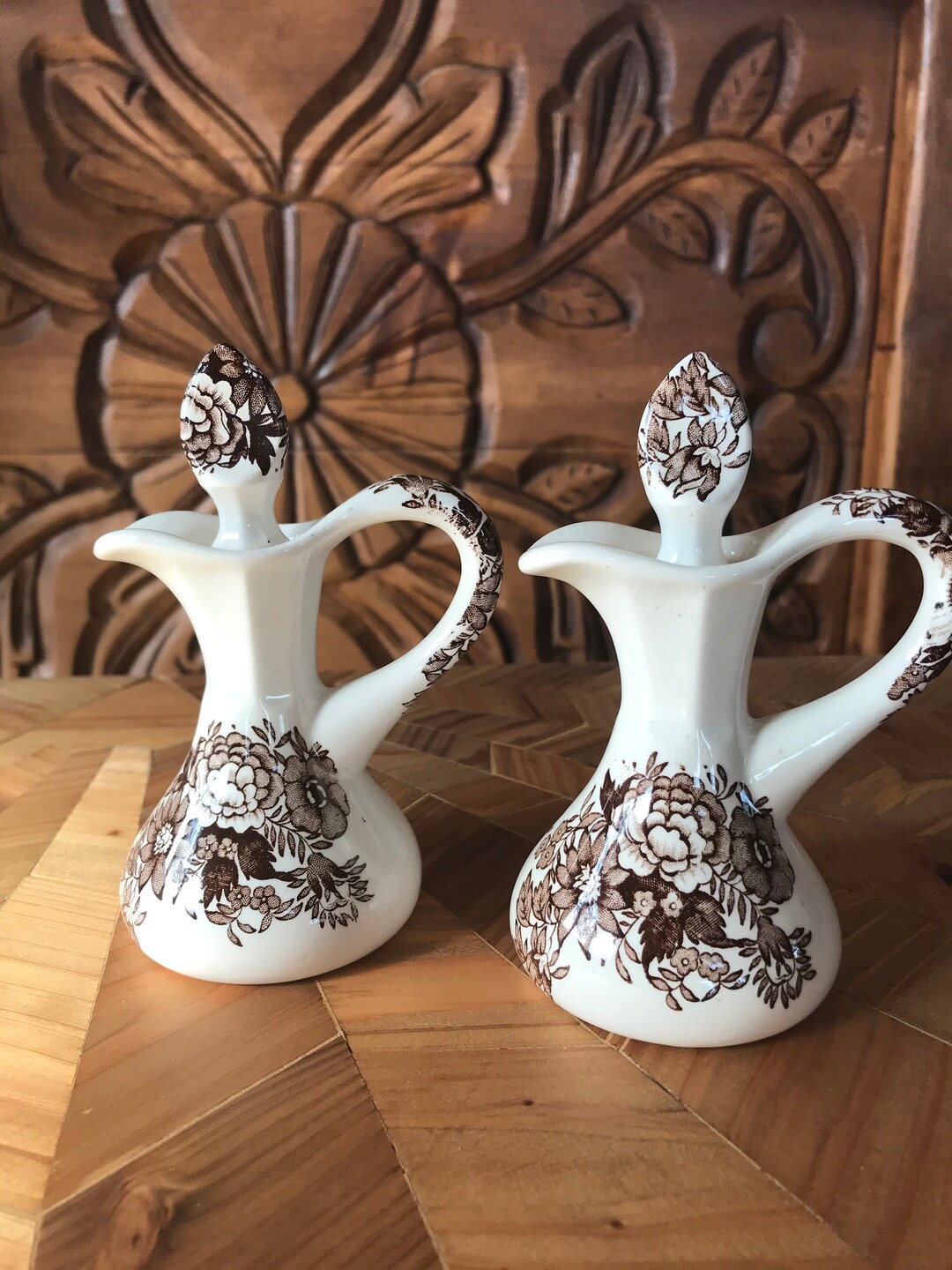 Brown Floral Transferware Cruets English Transferware Brown Etsy