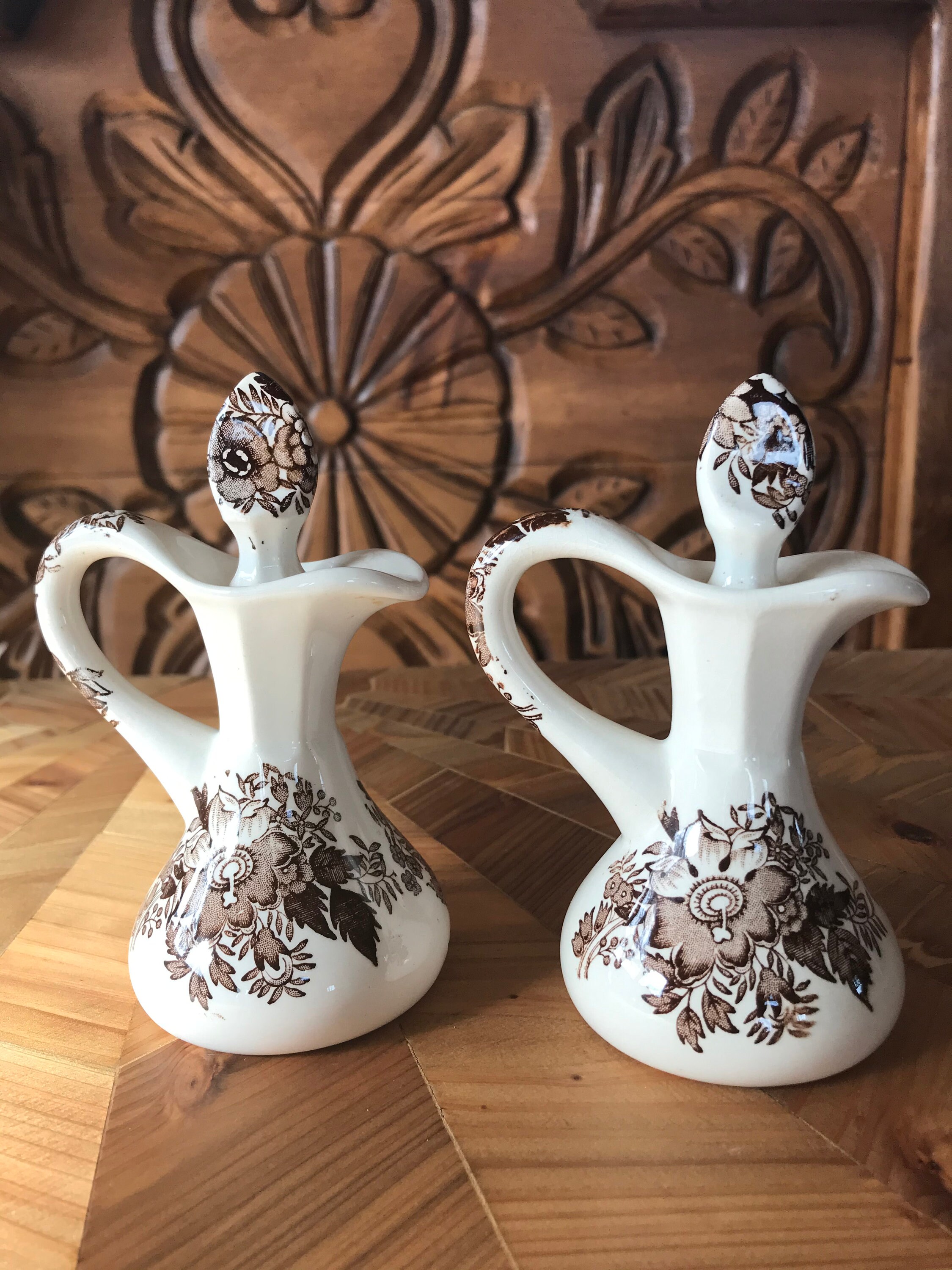 Brown Floral Transferware Cruets, English Transferware, Brown and White
