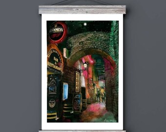 May include: A watercolour painting of a narrow, cobbled alleyway in Dublin, Ireland. The alley is lined with brick buildings and lit by streetlights. A sign for "Merchant's Arch Bar & Restaurant" is visible on the left side of the image. A Guinness sign is visible above the archway.