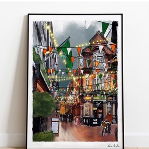 Dame Lane- Illustration Dublin innenstadt helle Lichter Gemalt Zeichnung Druck Irland Geschenk Weihnachten Pub Bar