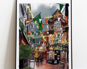 Dame lane- Illustration Dublin city centre bright lights Painted drawing print Ireland gift Christmas pub bar