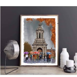 Tracy's Trinity - Dublin stadscentrum kunst print schilderij trinity college Dublin aquarel Illustratie Ierland acryl herfst Ierse tekening