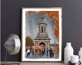 Tracy&#39;s Trinity -  Dublin city centre art print painting trinity college Dublin watercolor Illustration Ireland acrylic autumn Irish drawing