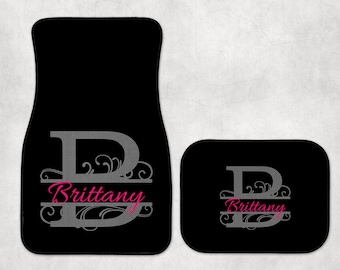 Black Car Mat Personalized with Gray/Grey Monogrammed Initial and Name Inside of Monogram