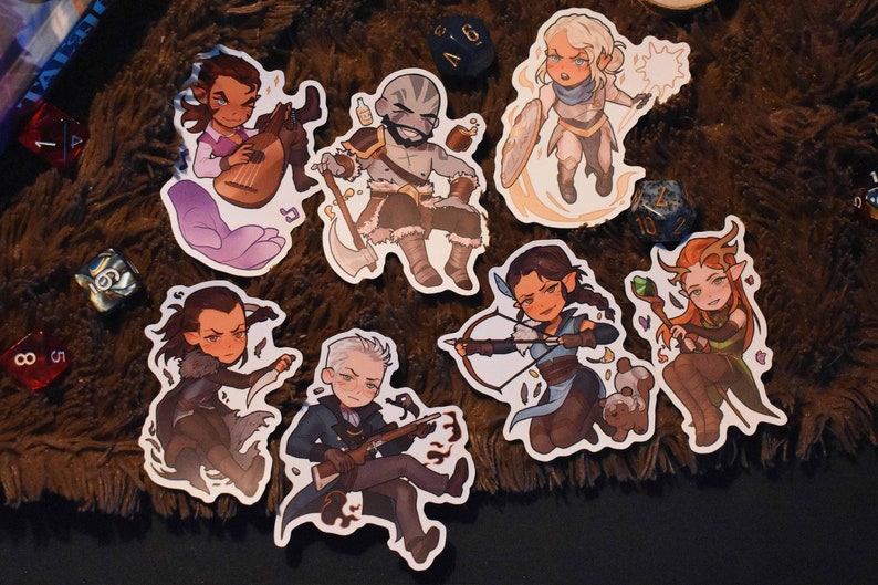 May include: Set of eight illustrated character stickers featuring a variety of fantasy characters, including a bard, a warrior, a ranger, a rogue, a wizard, a cleric, a druid, and a sorcerer. The stickers are printed on white paper and have a glossy finish.
