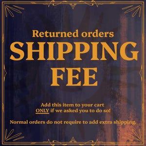 May include: A navy blue and gold graphic with the words "SHIPPING FEE" in large, bold letters. The text "Returned orders" is above, and additional text below explains when to add the item to the cart.