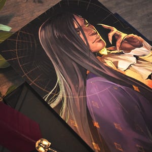 May include: A painting of a person with long black hair wearing a purple and gold patterned jacket. The person has a serious expression and is looking to the side. The background is dark with a circular pattern.