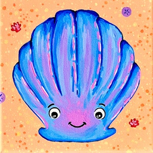 May include: A blue and purple seashell with a smiling face. The shell has a textured, rippled surface and is painted in a whimsical style.