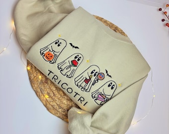 Tricotri Halloween Embroidered Crewneck, Spooky Ghost Sweatshirt, Spooky Season