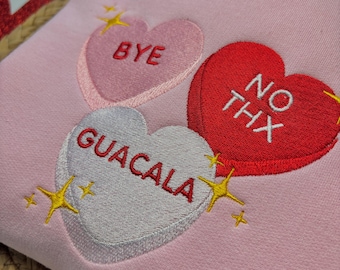 Valentines Candy Hearts Guacala Sweatshirt – Mexican Dia Del Amor Sweater | Candy Hearts Crewneck, Pink and Red Valentine’s day Sweatshirt