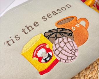 Concha Embroidered Christmas Sweatshirt – Mexican Holiday Sweater | Tis The Season Crewneck, Pan Dulce Y Cafecito Sweatshirt