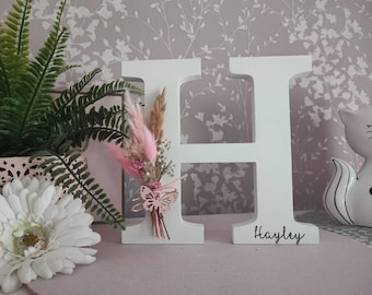 Lettre décorative en bois avec fleurs séchées, prénom, format XXL, personnalisée, style vintage, cadeau de baptême ou de mariage