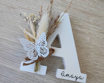 Lettre décorative en bois fleurs séchées nom lettre fleur baptême anniversaire cadeau confirmation