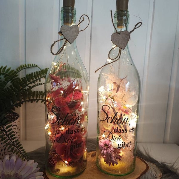 Flower Bottle mit Trockenblumen in Wunschfarbe und mit Wunschtext  LED Hochzeit Geburtstag Geschenk Valentinstag