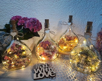 Bouteille de fleurs avec fleurs séchées Bocksbeutel texte personnalisé bouteille lumineuse LED mariage anniversaire cadeau Saint Valentin