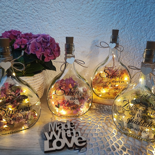 Flower Bottle mit Trockenblumen Bocksbeutel Wunschtext Flaschenlicht LED Hochzeit Geburtstag Geschenk Valentinstag