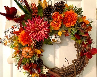 Fall floral wreath, autumn wreath,thanksgivings wreath, fall wreath, orange and red,free shipping fall wreath,front door fall foliage wreath