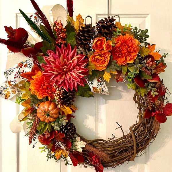 Fall floral wreath, autumn wreath,thanksgivings wreath, fall wreath, orange and red,free shipping fall wreath,front door fall foliage wreath