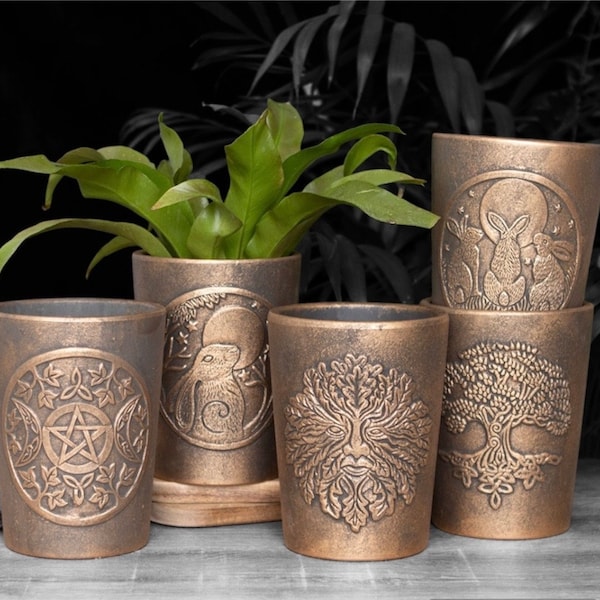 Bronze Terracotta Plant Pot: Pagan Triple Moon, Moon Gazing Hare, Garden Witch, Tree of Life Design - Anniversary Wedding Gifts