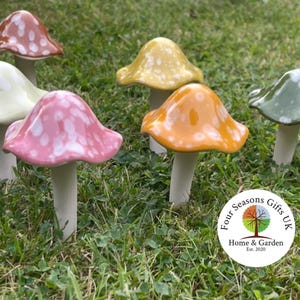 Ceramic Glazed Toadstool Garden Stakes – Set of 6 Pastel Mushroom Ornaments, Gifts for Gardeners
