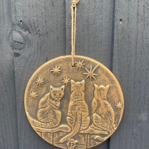 Moon Gazing Cats Terracotta Bronze Effect Garden Wall Art Hanging Ceramic Plaque Cat gifts Garden Gifts