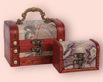 Wooden Treasure Map Chest – Vintage Keepsake Box