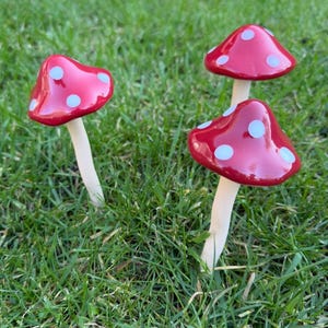 May include: Three red mushroom ornaments with white spots stand in grass. The mushroom caps are glossy, and the stems are a pale beige. These garden ornaments add a touch of fantasy to outdoor spaces.