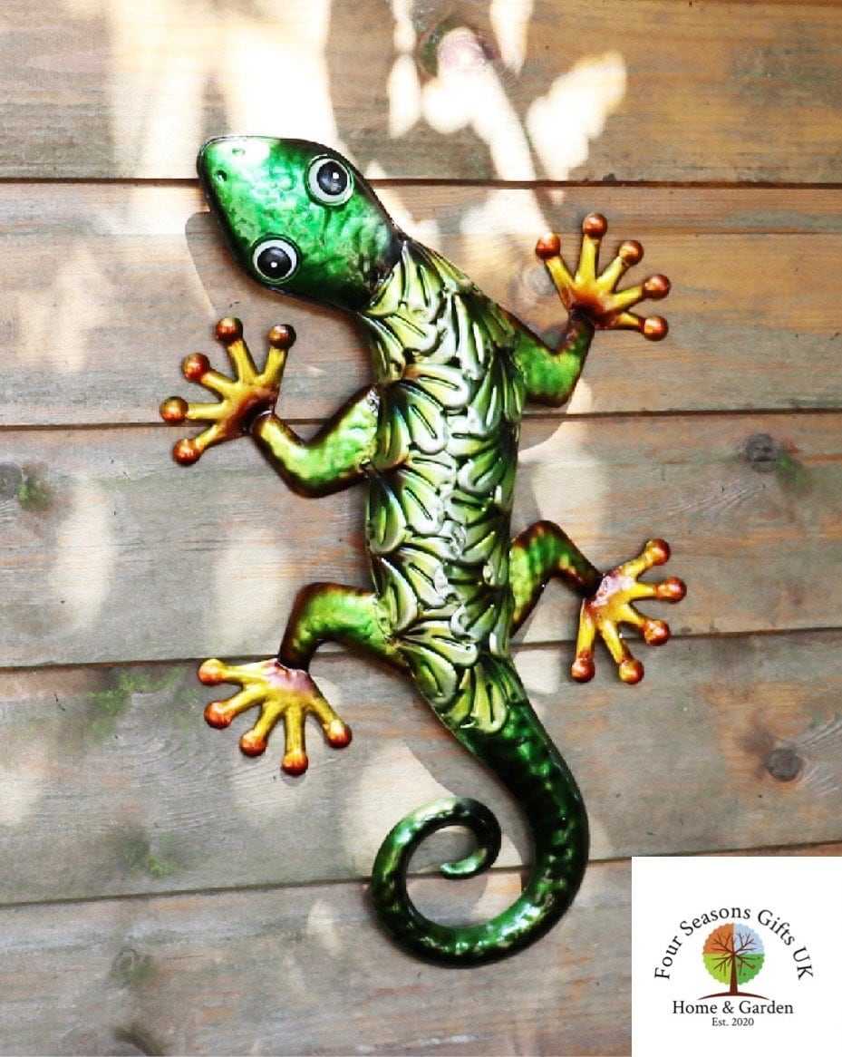 Décor Mural Lézard En Fer - 43x27 Cm, Réaliste, Vert, Pour Jardin, Balcon, Extérieur