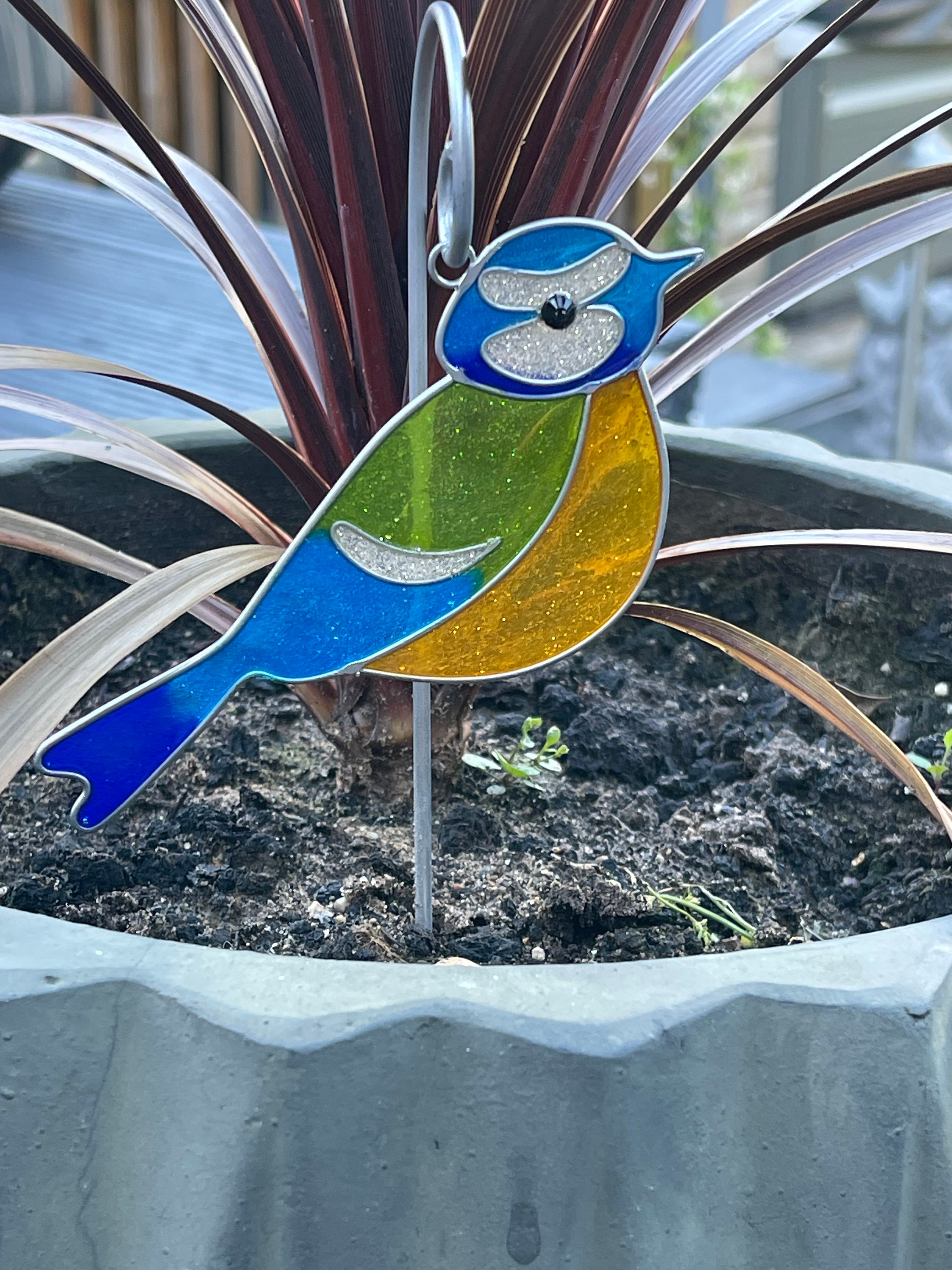 Bird Suncatcher Garden Stake – Stained Glass Effect Plant Pot Ornament ...