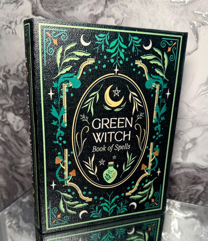 Wooden Book Storage Box – Decorative Book Shaped Keepsake Box for Bookshelf Styling – Hidden Storage Gift for Book Lovers - 12 designs Green Witch