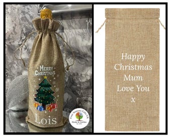 Personalised Christmas Jute Bottle Bag – Festive Wine Gift Cover