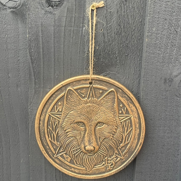 Wolf Terracotta Garden Wall Hanging Ceramic Plaque Bronze or Silver Garden Decor Garden Gifts