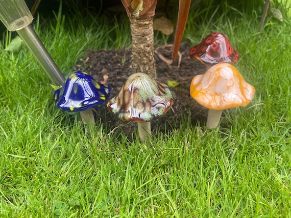 Glazed Ceramic Mushroom Garden Stakes – Set of 4 Toadstool Ornaments