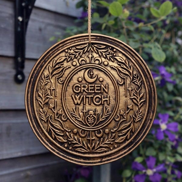 Green Witch Bronze Terracotta Hanging Plaque | Pagan Garden Wall Decor | Witchy Home Ornament | Nature Witch Gift