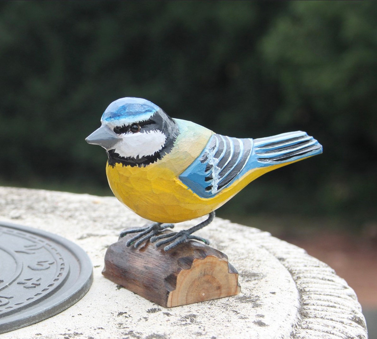 Blue Tit Bird Garden Ornament Hand Carved Wooden Sculpture Etsy UK