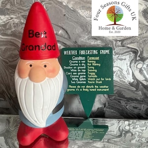 May include: A green weather forecasting gnome with a white beard and red hat. The gnome is labeled "Best Grandad" and has a sign that reads "Weather Forecasting Gnome" with a list of conditions and forecasts.