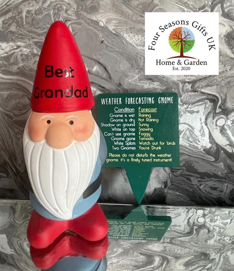May include: A green weather forecasting gnome with a white beard and red hat. The gnome is labeled "Best Grandad" and has a sign that reads "Weather Forecasting Gnome" with a list of conditions and forecasts.