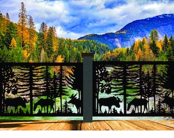 May include: Black metal railing with a forest scene design featuring moose and pine trees. The railing is set against a backdrop of a mountain range with a blue sky and white clouds.